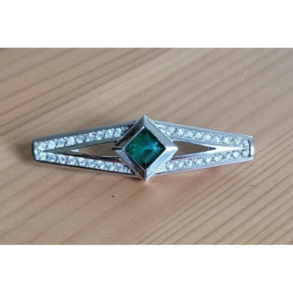 HENKEL & GROSSE Silver Tone Green Stone Rhinestones Bar Brooch Pin RARE 1980's